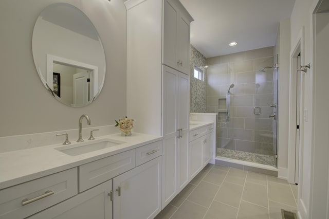 828 Fairbanks Ln, Southgate, KY 41071 - bathroom with vanity, a shower stall, tile patterned flooring, visible vents, and recessed lighting