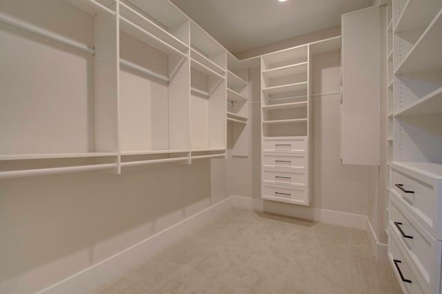 walk in closet with light carpet