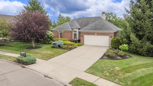 ranch-style house with a front yard and a garage