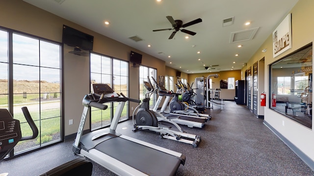 workout area featuring plenty of natural light and ceiling fan