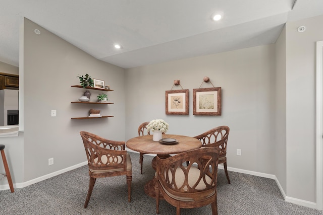 dining room featuring carpet floors, recessed lighting, and baseboards