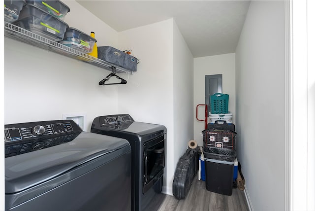 laundry area featuring washing machine and clothes dryer and hardwood / wood-style flooring