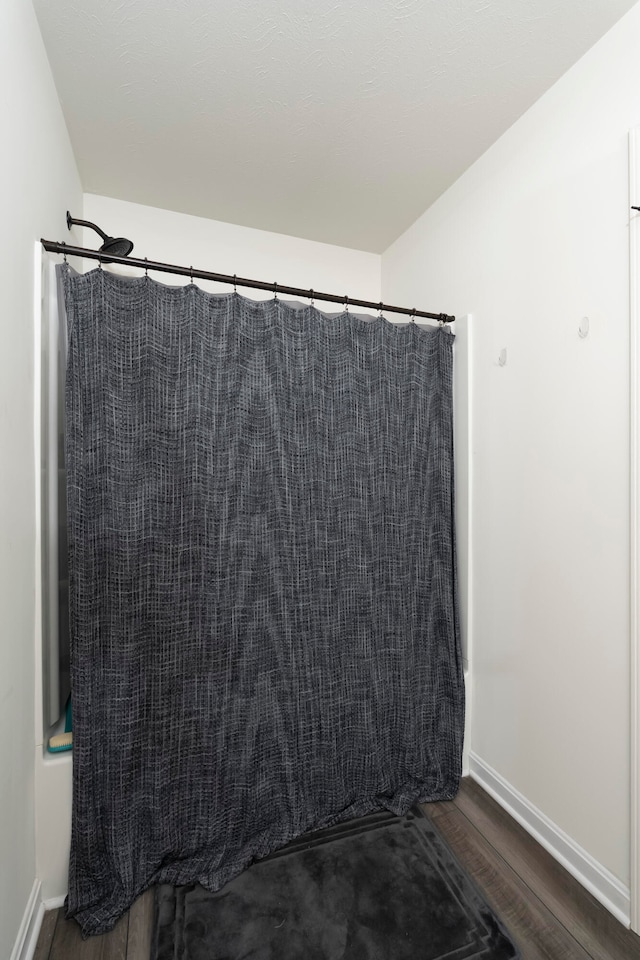 bathroom with wood-type flooring