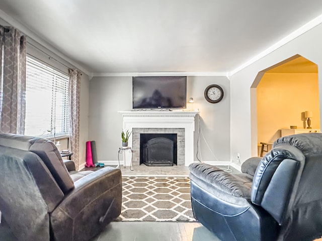 living room with crown molding