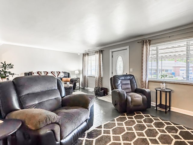 living room with ornamental molding