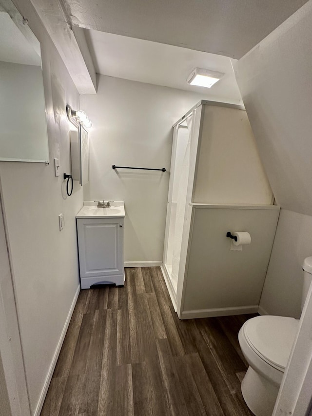 bathroom featuring toilet, a shower stall, wood finished floors, and vanity