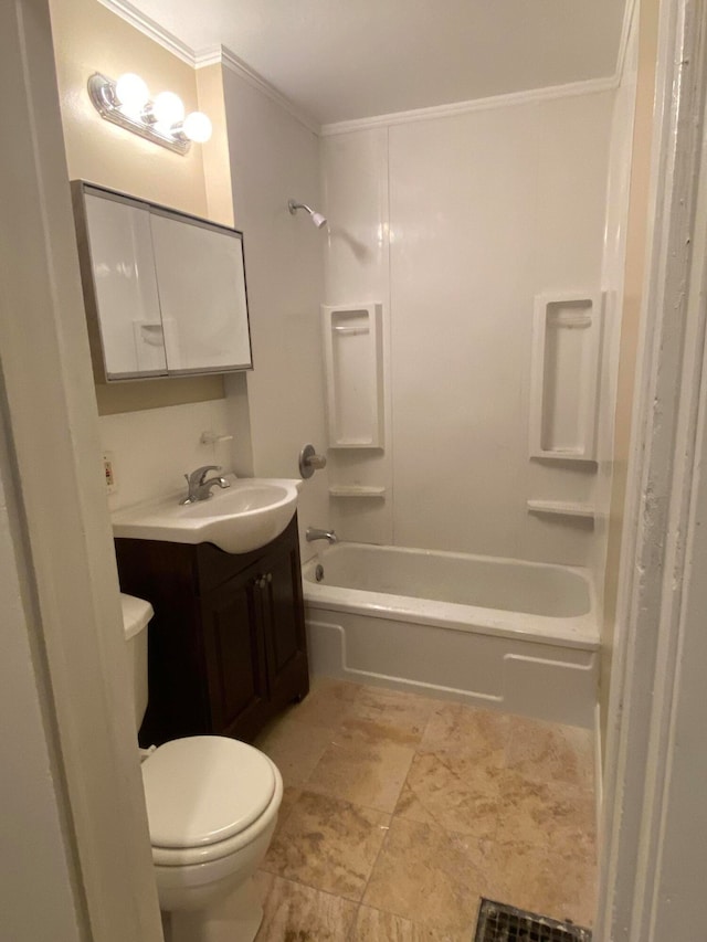 full bathroom with washtub / shower combination, crown molding, toilet, vanity, and tile patterned flooring