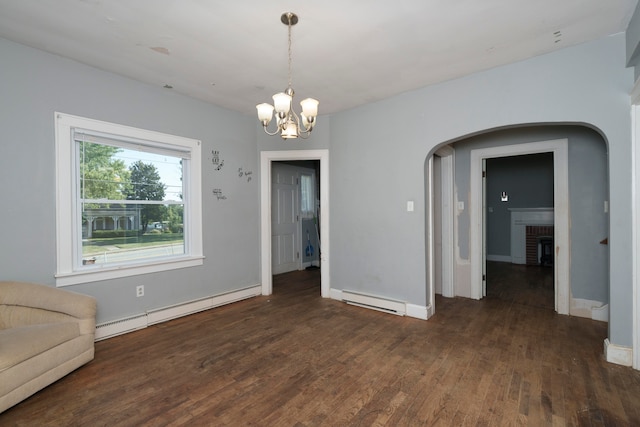 unfurnished dining area with a baseboard radiator, dark hardwood / wood-style flooring, and a chandelier