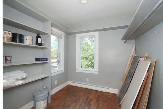 office area featuring dark hardwood / wood-style floors and a baseboard radiator