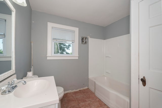 full bathroom featuring tile patterned flooring, shower / bathing tub combination, toilet, and vanity