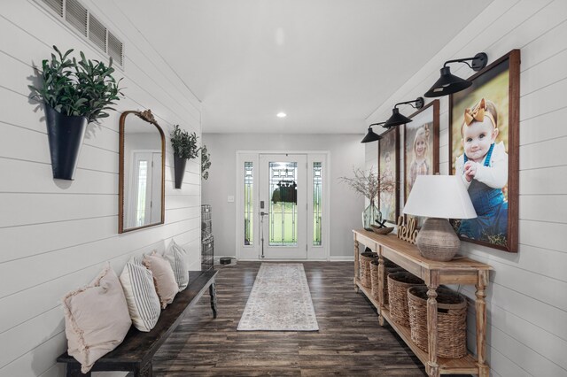 mudroom featuring dark wood-type flooring