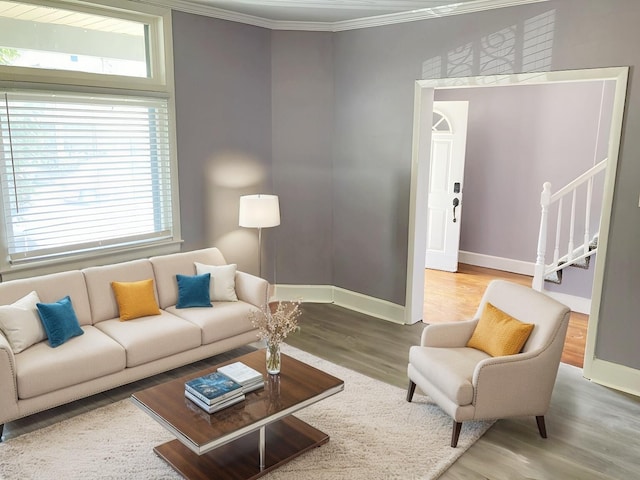 living room with ornamental molding and wood-type flooring