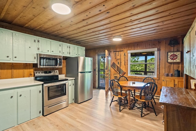 kitchen featuring wooden walls, stainless steel appliances, wooden ceiling, and light hardwood / wood-style flooring