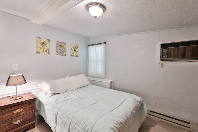 carpeted bedroom featuring a baseboard radiator, a wall mounted AC, beam ceiling, and a textured ceiling