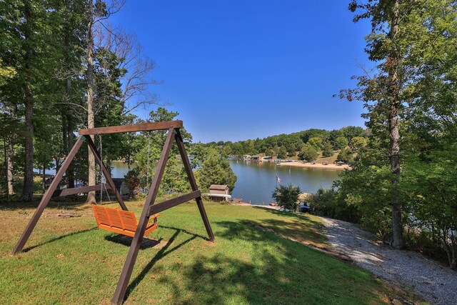 exterior space with a water view