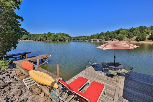view of dock with a view of trees and a water view