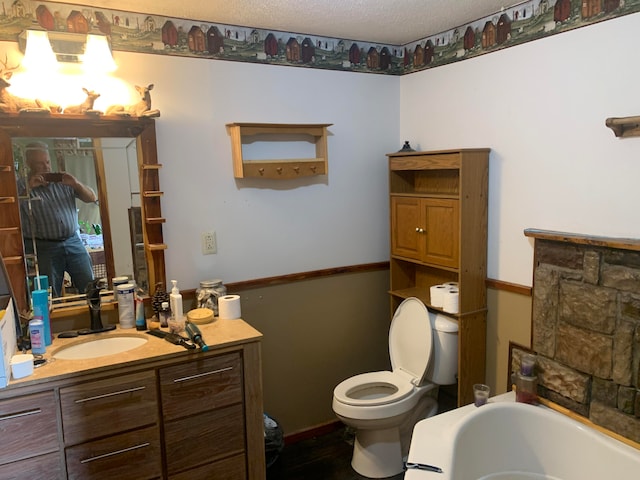 bathroom with a textured ceiling, vanity, toilet, and a washtub