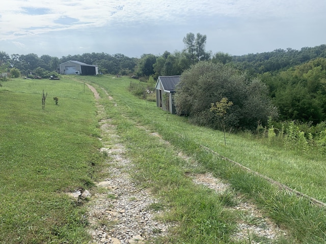 view of yard with a rural view and a wooded view