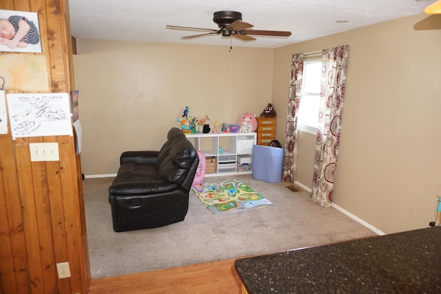 game room featuring ceiling fan and carpet floors