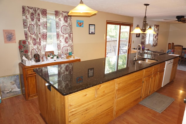 kitchen featuring dishwasher, a kitchen island with sink, light hardwood / wood-style floors, sink, and ceiling fan