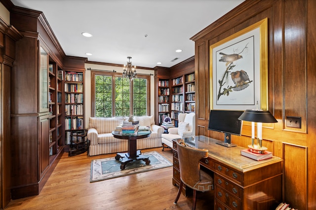 office area featuring crown molding and light hardwood / wood-style floors