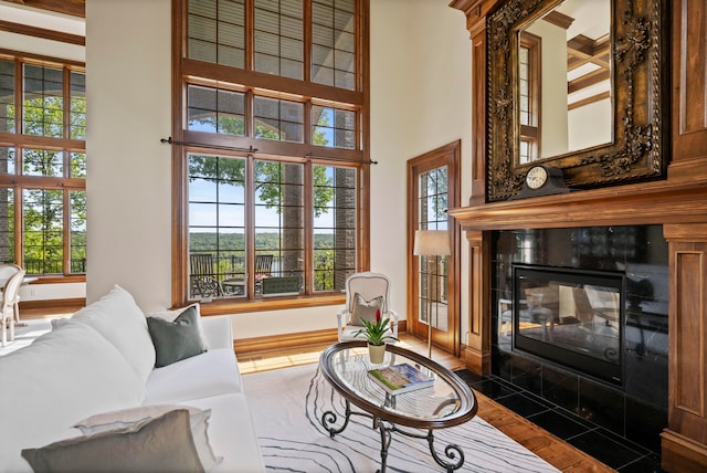 living room featuring a tiled fireplace and dark hardwood / wood-style flooring