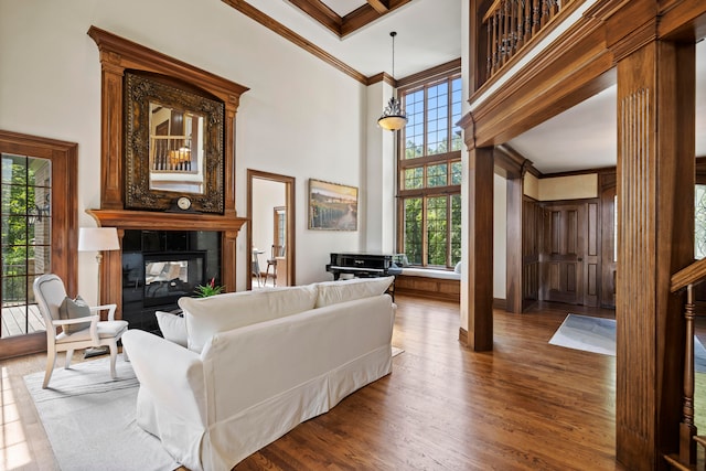 living room with wood-type flooring, a multi sided fireplace, a towering ceiling, and crown molding