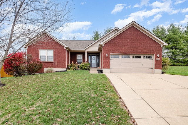 ranch-style home featuring a garage and a front yard