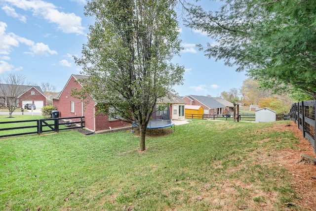 view of yard featuring a storage shed and a trampoline