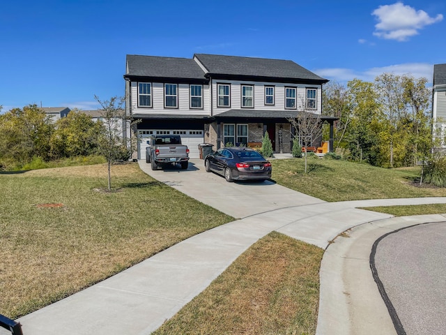 view of front of home with a porch, a garage, and a front yard