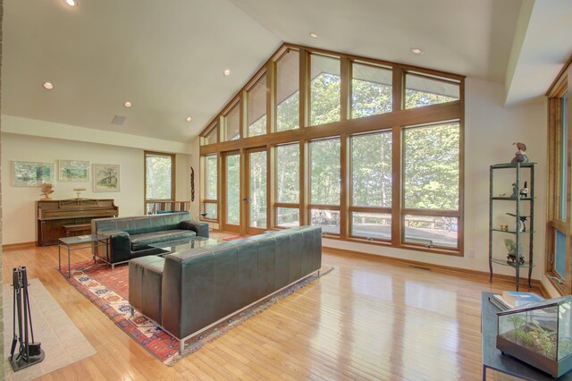 living room with light hardwood / wood-style floors and high vaulted ceiling