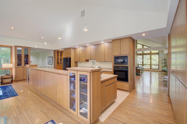 kitchen featuring high vaulted ceiling, black appliances, a center island, light hardwood / wood-style flooring, and decorative light fixtures