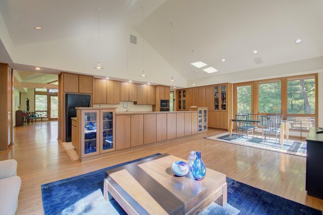 living room featuring light hardwood / wood-style flooring and high vaulted ceiling