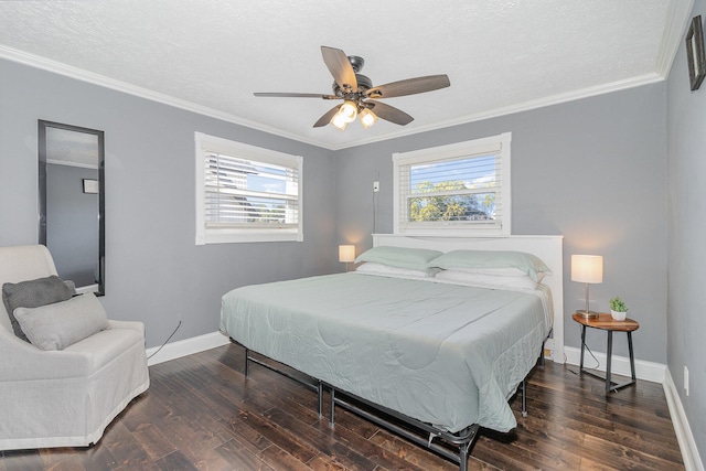 bedroom with dark wood-type flooring, ceiling fan, a textured ceiling, and ornamental molding