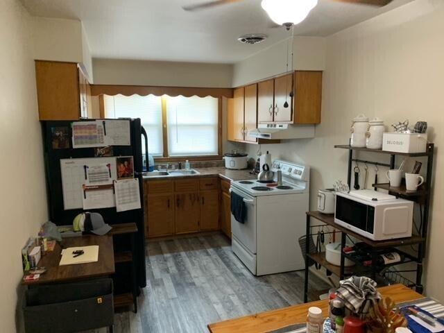 kitchen featuring white appliances, sink, ceiling fan, and light hardwood / wood-style floors