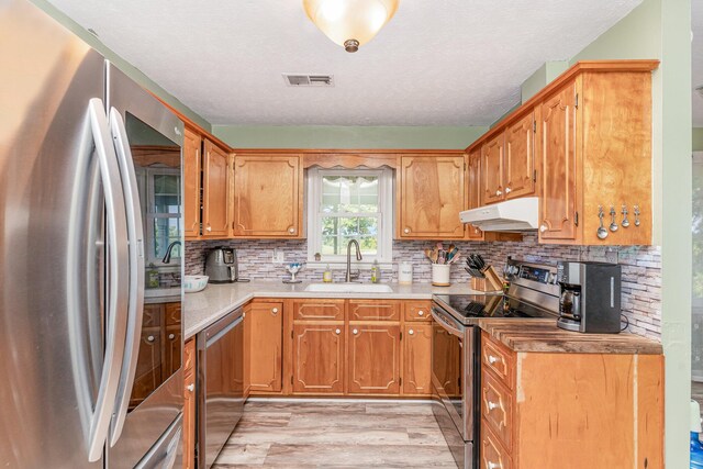 kitchen featuring tasteful backsplash, a textured ceiling, sink, appliances with stainless steel finishes, and light hardwood / wood-style floors