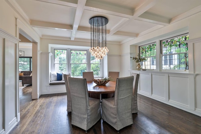 dining area featuring dark wood-type flooring, coffered ceiling, an inviting chandelier, and beamed ceiling