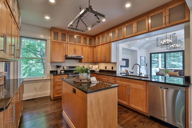 kitchen featuring hanging light fixtures, plenty of natural light, stainless steel appliances, sink, and a kitchen island