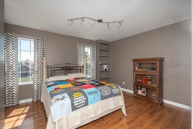 bedroom featuring dark wood-type flooring and multiple windows