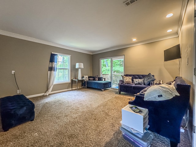 living room with carpet flooring and crown molding