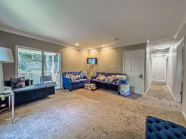 living room featuring carpet flooring and ornamental molding