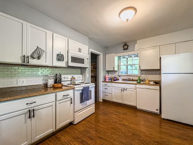 kitchen featuring white cabinets, white appliances, dark hardwood / wood-style flooring, and tasteful backsplash