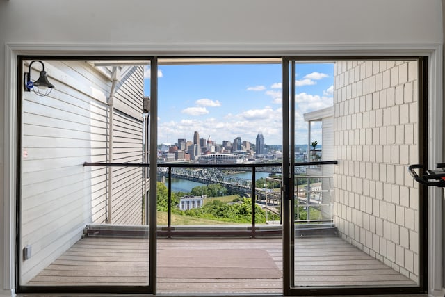 interior space with a water view