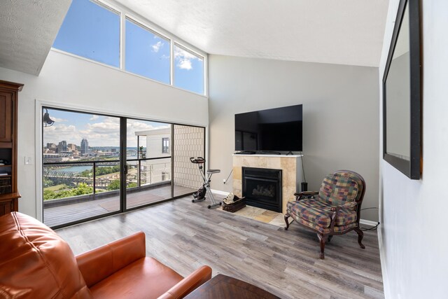 living room with a tile fireplace, high vaulted ceiling, a healthy amount of sunlight, and light wood-type flooring