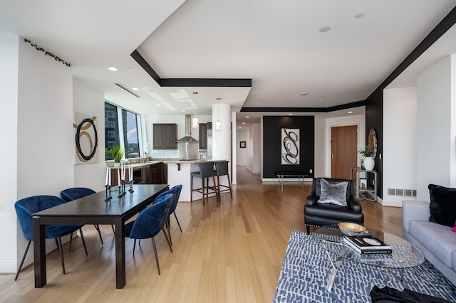 living room featuring light hardwood / wood-style flooring and sink