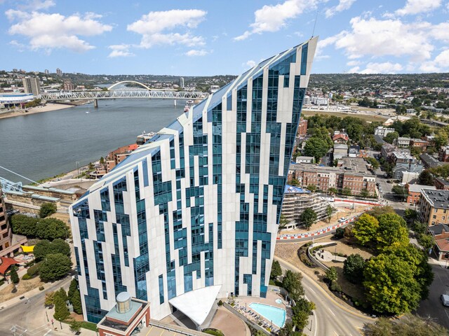 drone / aerial view with a water view and a view of city
