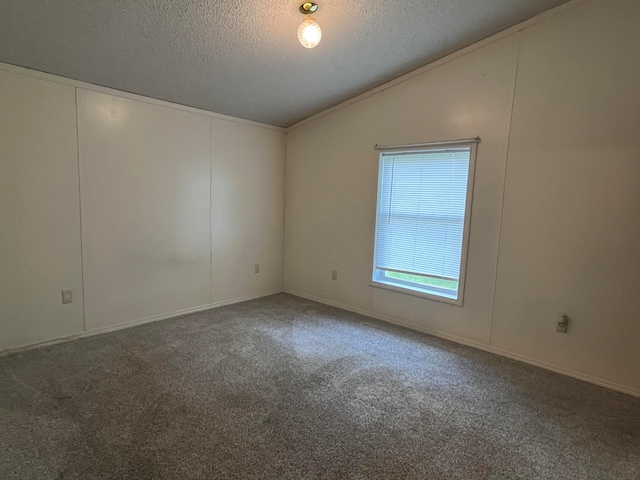 carpeted empty room featuring a textured ceiling and vaulted ceiling