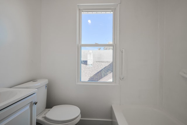 full bathroom featuring independent shower and bath, vanity, and toilet