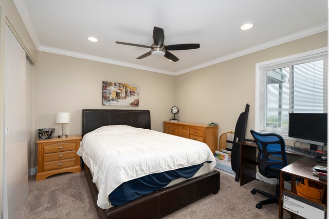 carpeted bedroom featuring ornamental molding, ceiling fan, and a closet