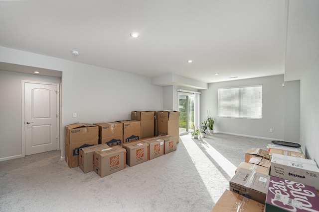 living room featuring light carpet